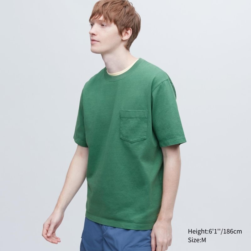 Green Uniqlo Oversized Pocket Crew Neck Half-sleeve Men T Shirts | 4200942