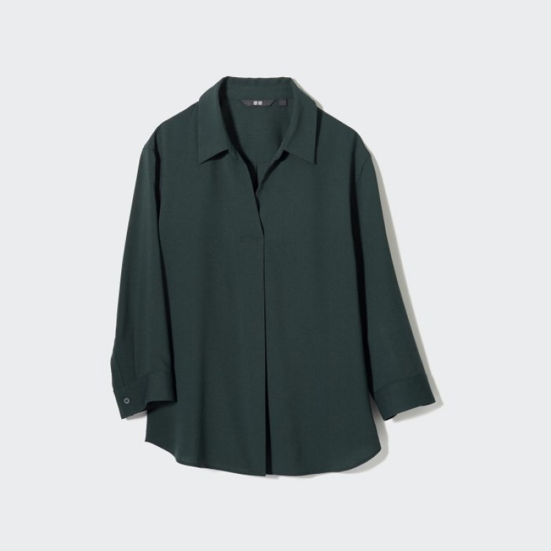 Green Uniqlo Rayon Skipper Collar 3/4-Sleeve Women Blouse | 767232