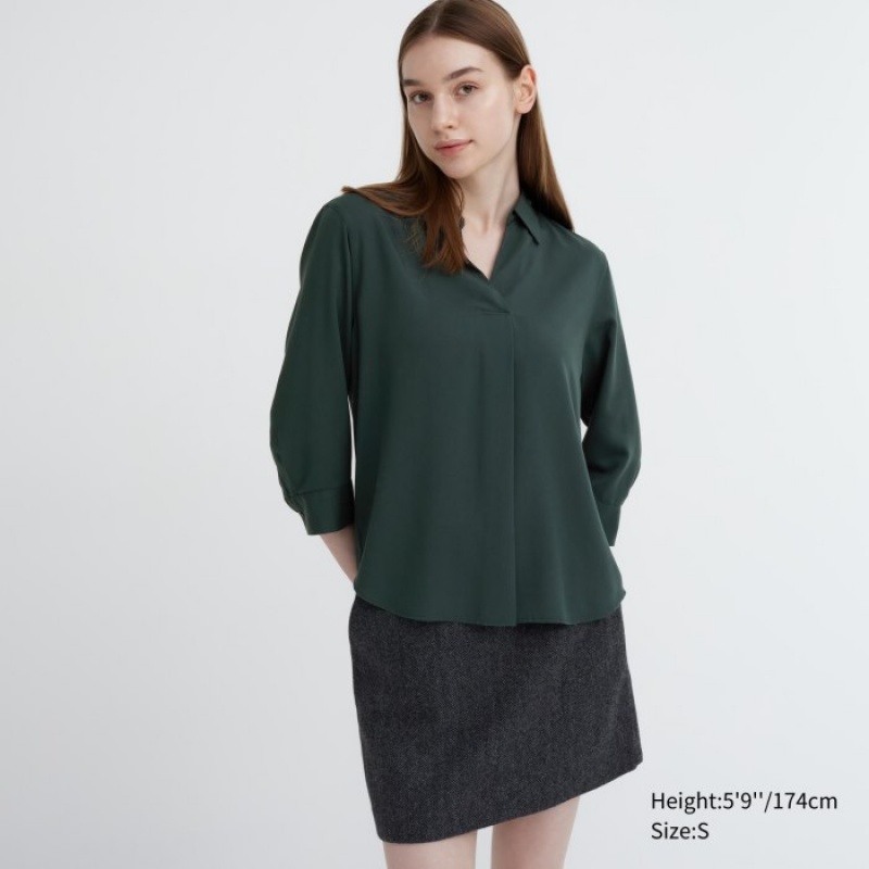 Green Uniqlo Rayon Skipper Collar 3/4-Sleeve Women Blouse | 767232
