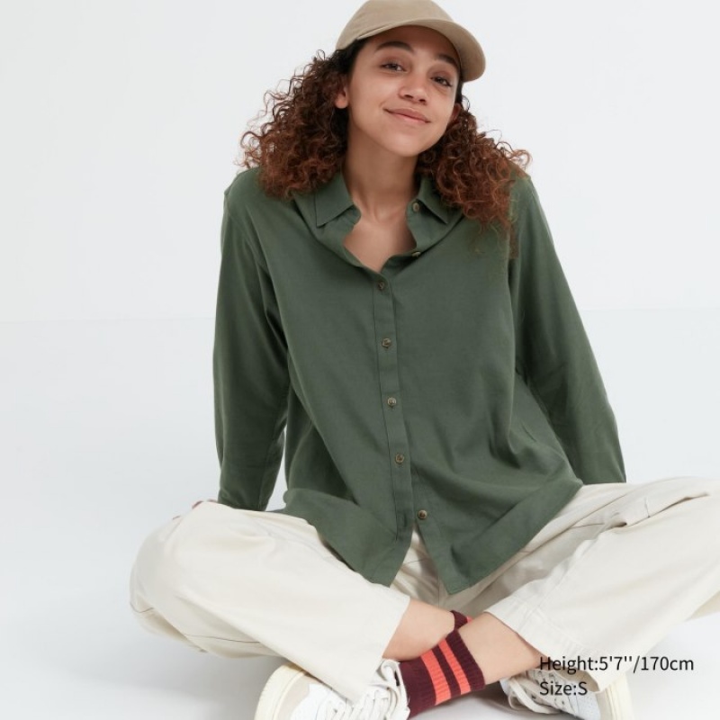 Green Uniqlo Soft Brushed Long-Sleeve Women Shirts | 8399848