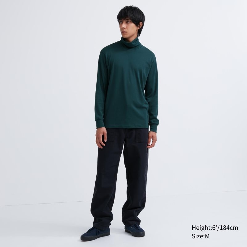 Green Uniqlo Soft Brushed Turtleneck Long-sleeve Men T Shirts | 1554004