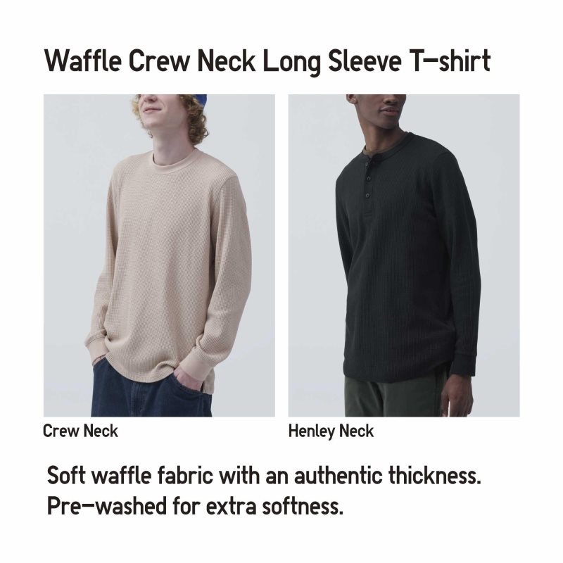 Green Uniqlo Waffle Crew Neck Long-Sleeve Men T Shirts | 4017313