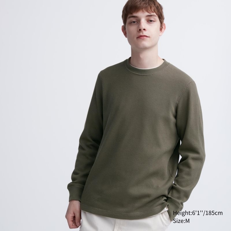 Green Uniqlo Waffle Crew Neck Long-Sleeve Men T Shirts | 4017313
