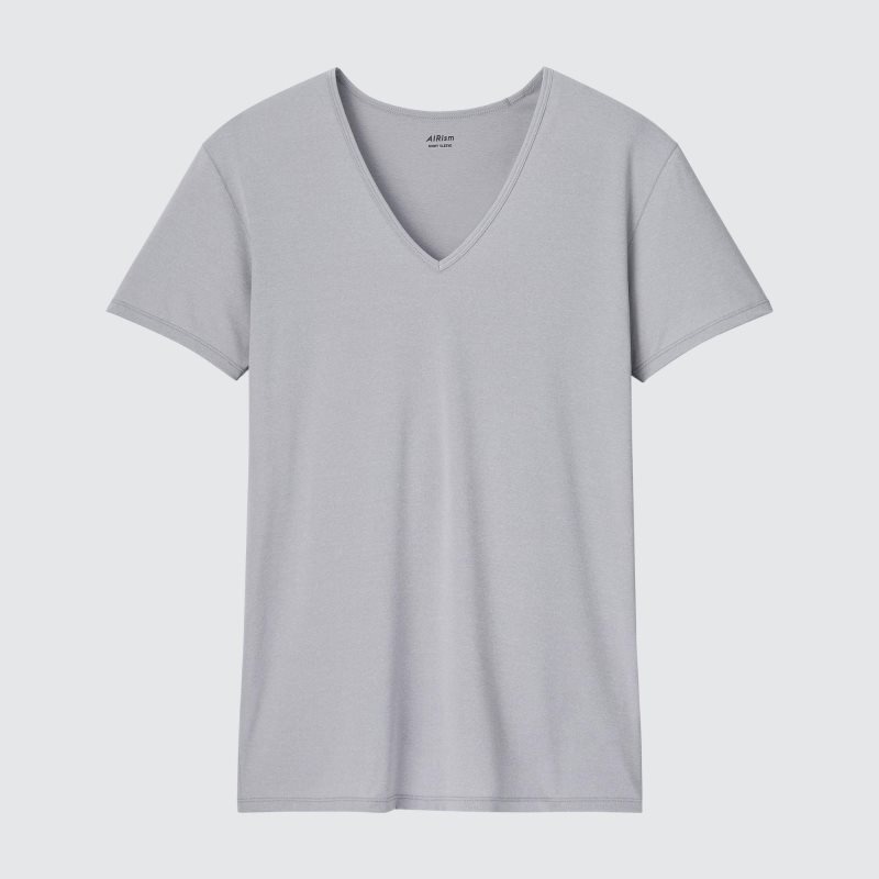 Grey Uniqlo Airism V-neck Short-sleeve Men T Shirts | 3699984