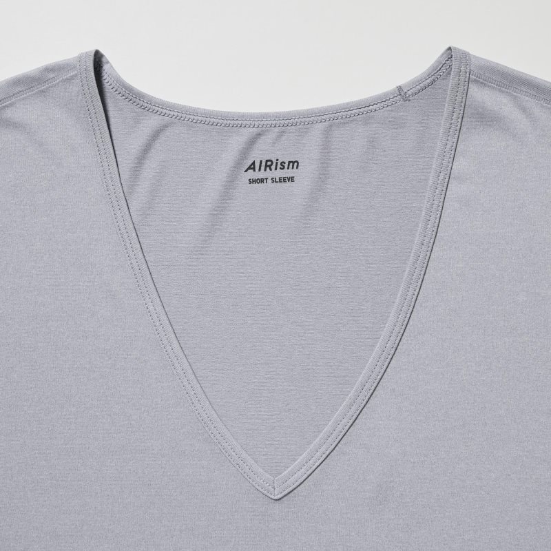 Grey Uniqlo Airism V-neck Short-sleeve Men T Shirts | 3699984