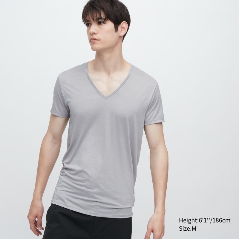 Grey Uniqlo Airism V-neck Short-sleeve Men T Shirts | 3699984