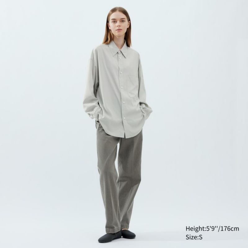 Grey Uniqlo Draped Long-Sleeve Women Shirts | 6429042