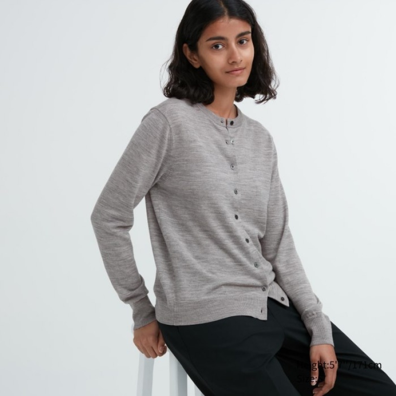 Grey Uniqlo Extra Fine Merino Crew Neck Women Cardigan | 5624301