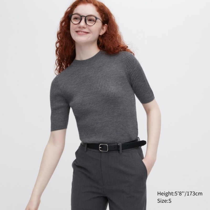 Grey Uniqlo Extra Fine Merino Ribbed Mock Neck Half-Sleeve Women Sweaters | 1853962