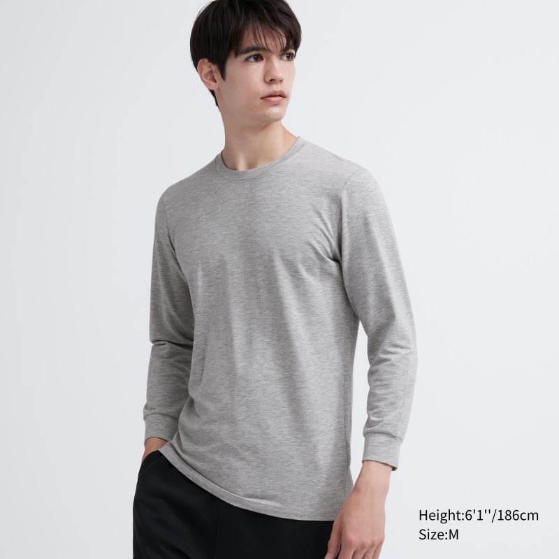 Grey Uniqlo Heattech Cotton Crew Neck Extra Warm Men T Shirts | 2517605