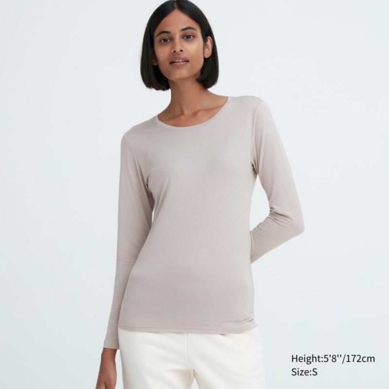 Grey Uniqlo Heattech Crew Neck Long-sleeve Women T Shirts | 2660646