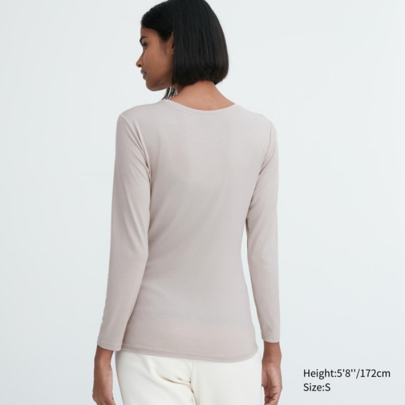 Grey Uniqlo Heattech Crew Neck Long-sleeve Women T Shirts | 7947715