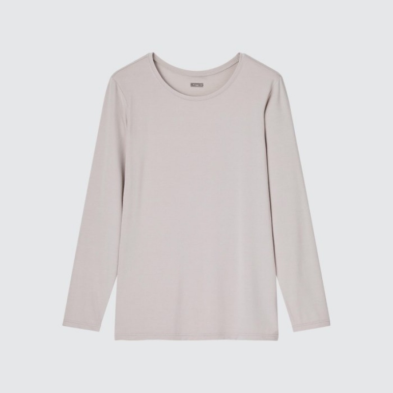 Grey Uniqlo Heattech Crew Neck Long-sleeve Women T Shirts | 7947715