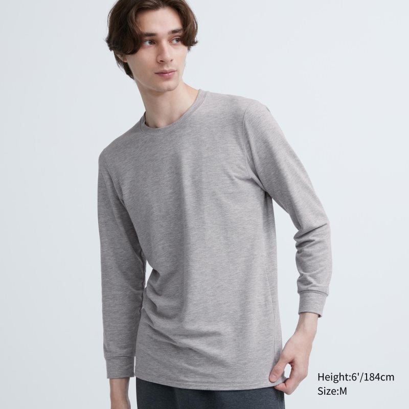 Grey Uniqlo Heattech Extra Warm Cotton Crew Neck Men T Shirts | 8162111