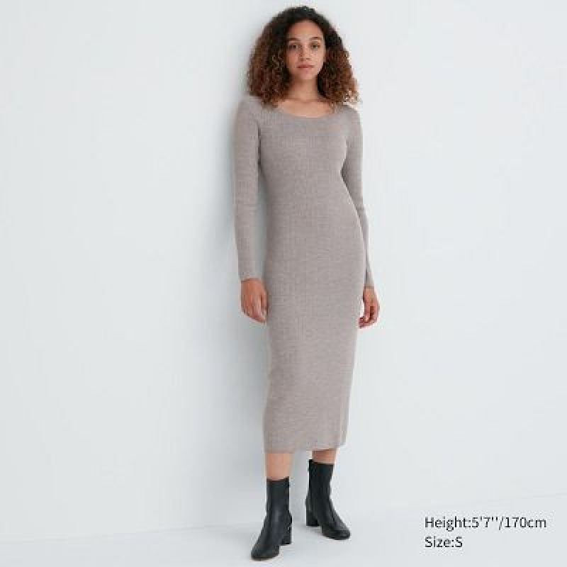 Grey Uniqlo Merino Blend Fitted U Neck Long Sleeve Women Dress | 6954364