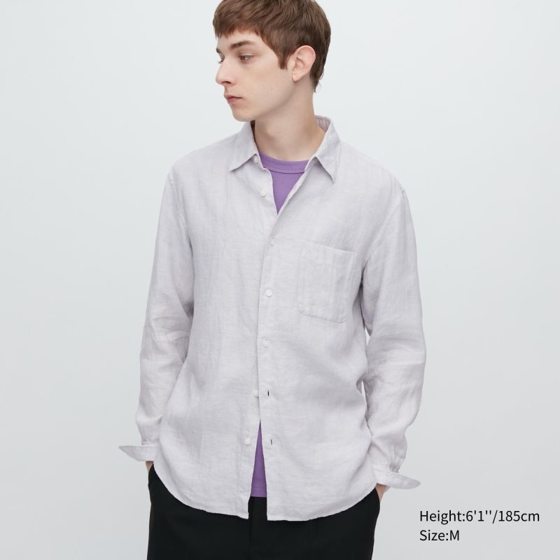 Grey Uniqlo Premium Linen Long-sleeve Men Shirts | 253412