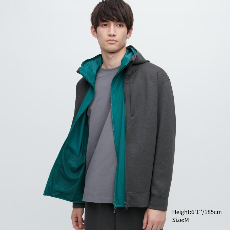 Grey Uniqlo Stretch Dry Sweat Long-sleeve Full-zip Men Hoodie | 5054723