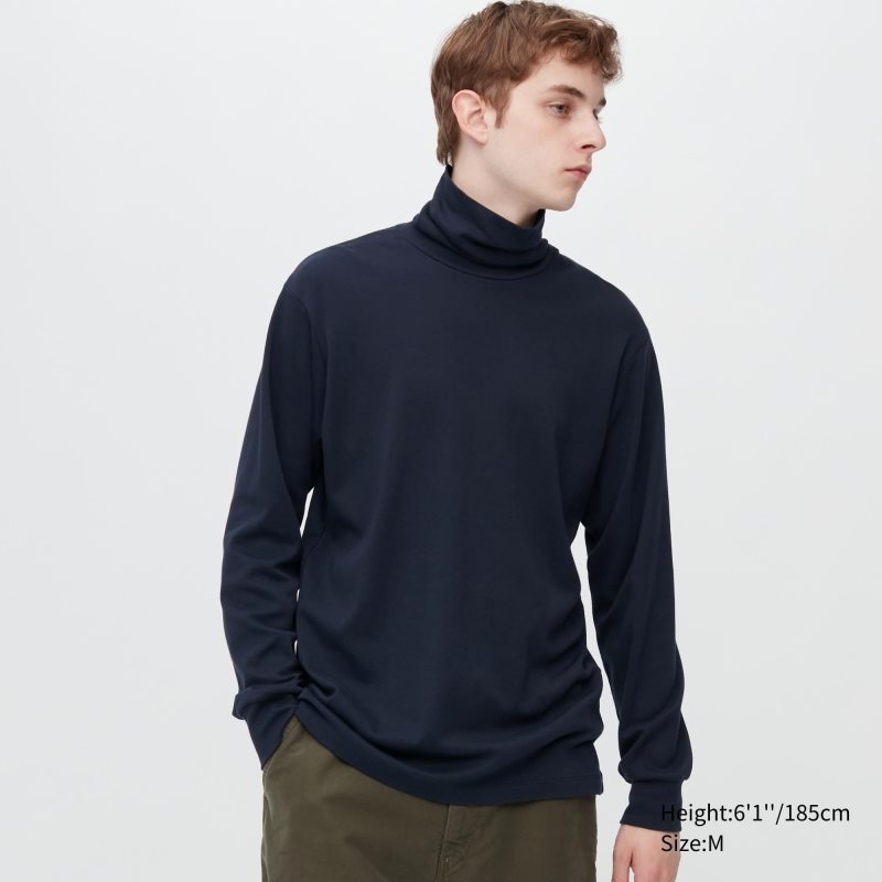 Navy Uniqlo Brushed Cotton Turtleneck Long-sleeve Men T Shirts | 9298186