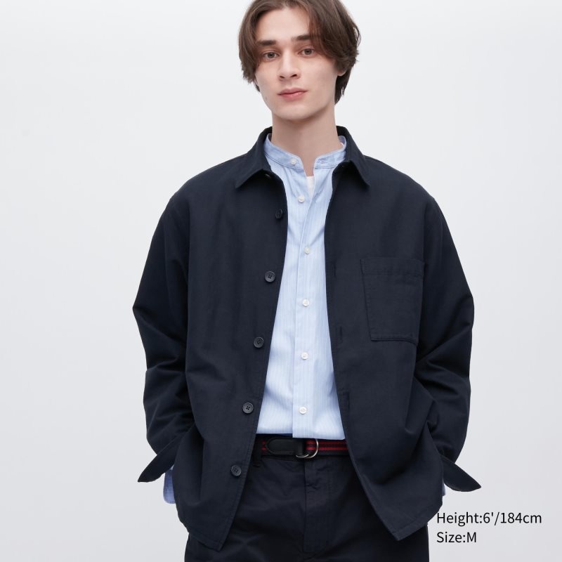 Navy Uniqlo Cotton Linen Over Shirt Men Jackets | 1981160
