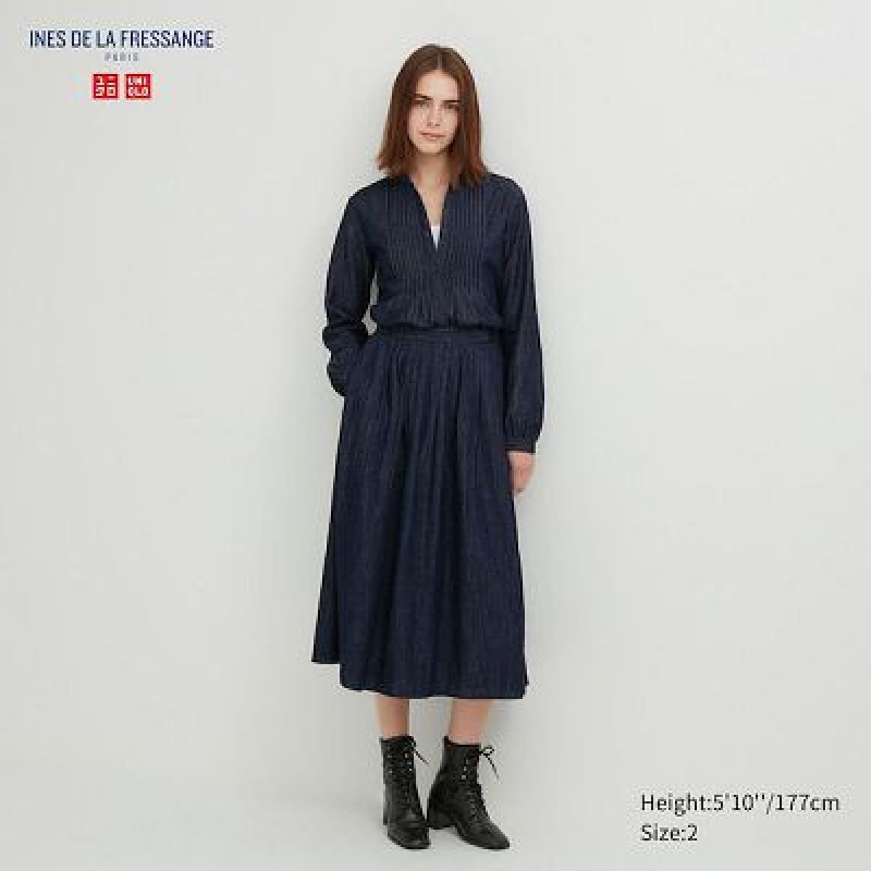 Navy Uniqlo Denim Gather Women Skirts | 9995599