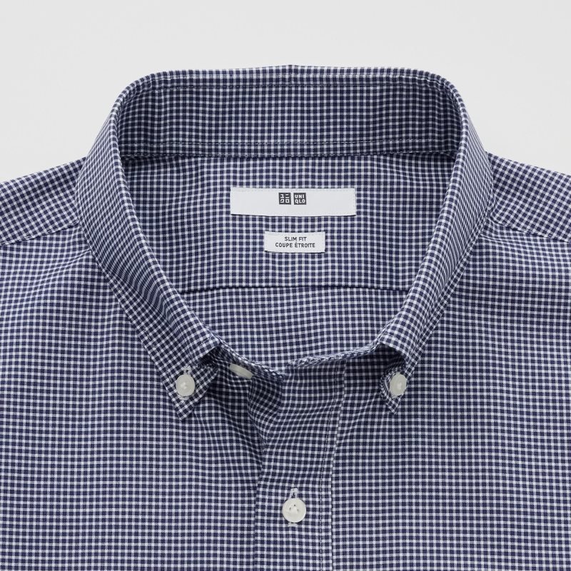 Navy Uniqlo Easy Care Checked Stretch Slim-fit Long-sleeve Men Shirts | 9558826