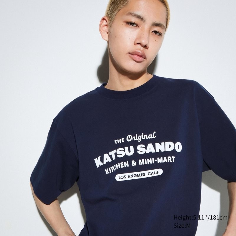 Navy Uniqlo L.A. Eats Ut Oversized Short-sleeve Graphic Katsu Sando Men T Shirts | 9424353