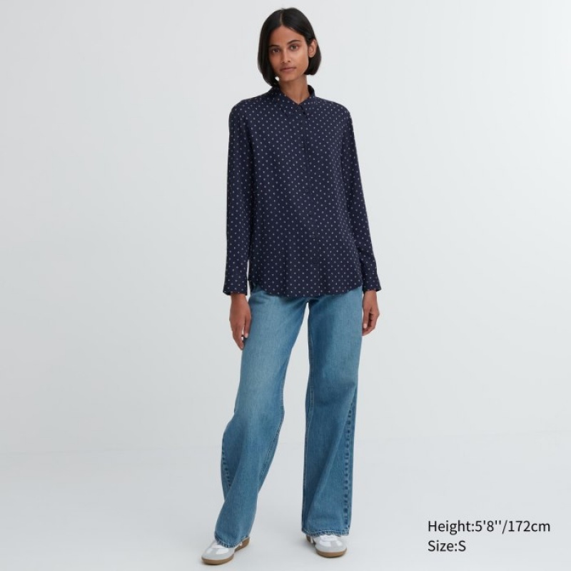 Navy Uniqlo Rayon Printed Long-Sleeve Women Blouse | 6688990