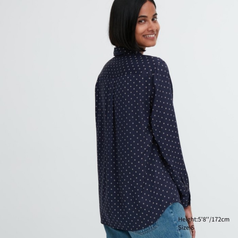 Navy Uniqlo Rayon Printed Long-Sleeve Women Blouse | 6688990