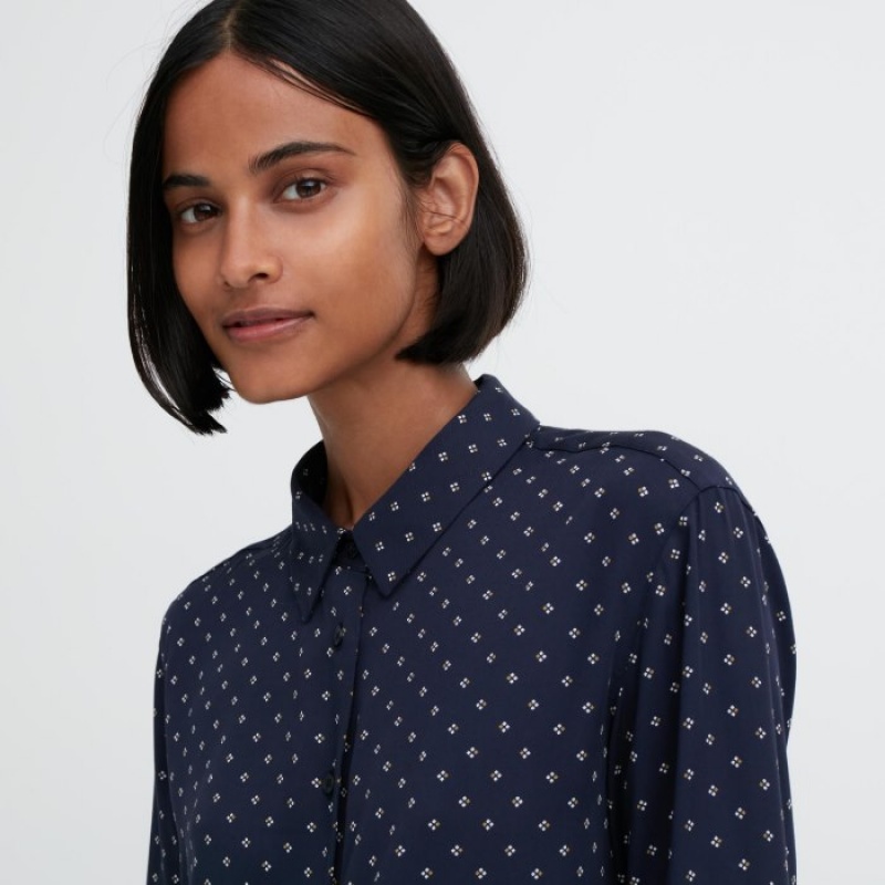 Navy Uniqlo Rayon Printed Long-Sleeve Women Blouse | 6688990