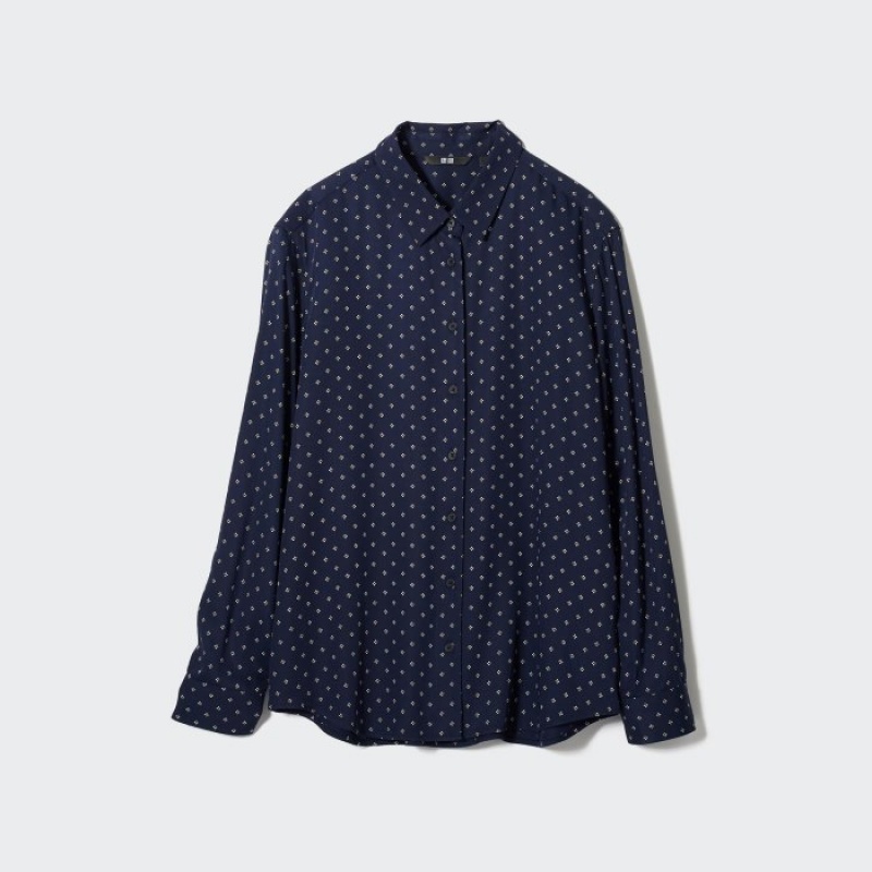 Navy Uniqlo Rayon Printed Long-Sleeve Women Blouse | 6688990