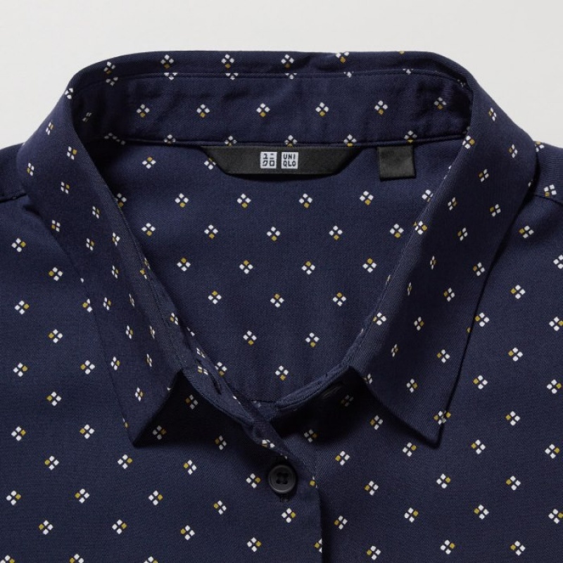 Navy Uniqlo Rayon Printed Long-Sleeve Women Blouse | 6688990