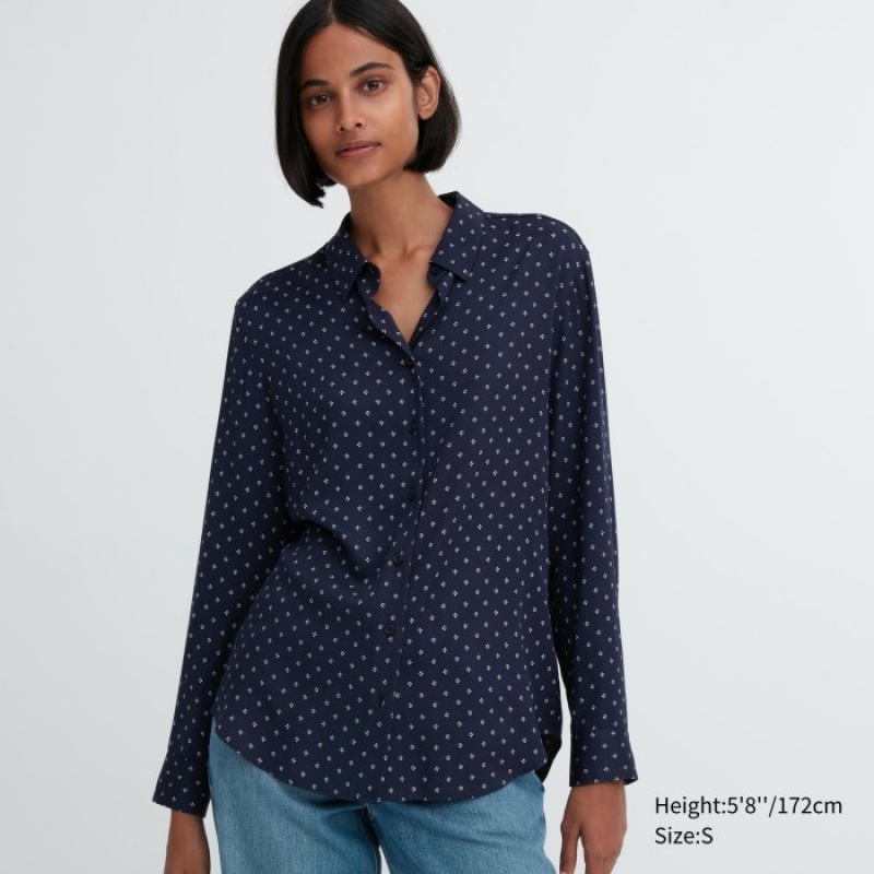 Navy Uniqlo Rayon Printed Long-Sleeve Women Blouse | 6688990