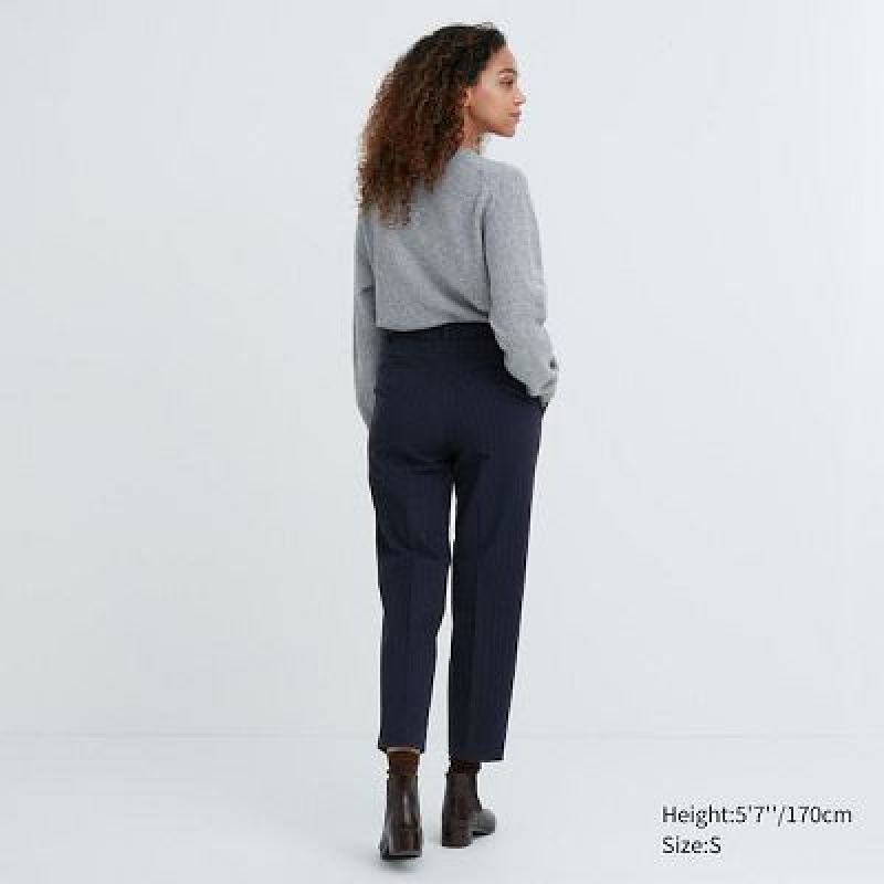 Navy Uniqlo Smart Brushed Ankle (Pinstripe) Women Pants | 3758653