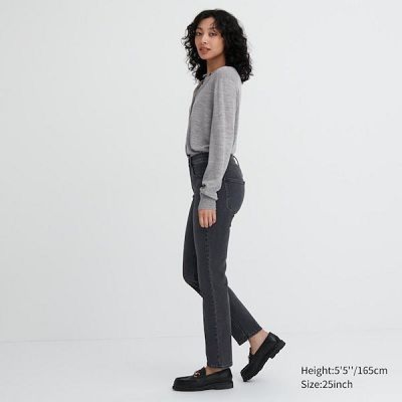 Navy Uniqlo Stretch Slim Straight Women Jeans | 7961567