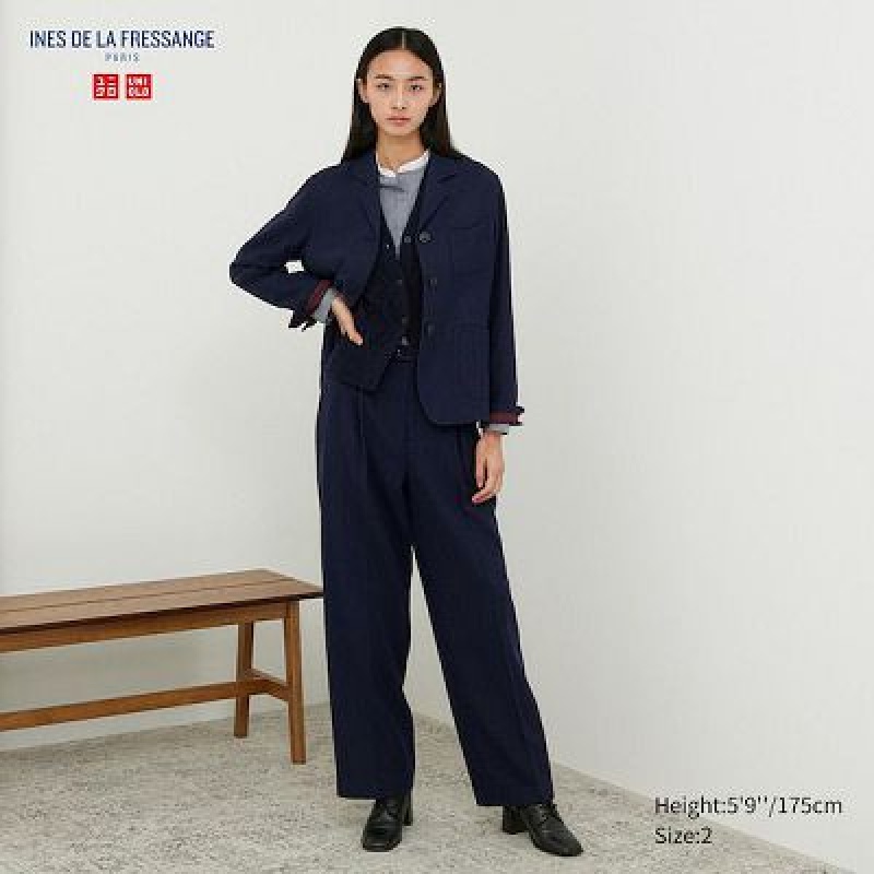 Navy Uniqlo Tweed Wide-Fit Pleated Women Pants | 9629743