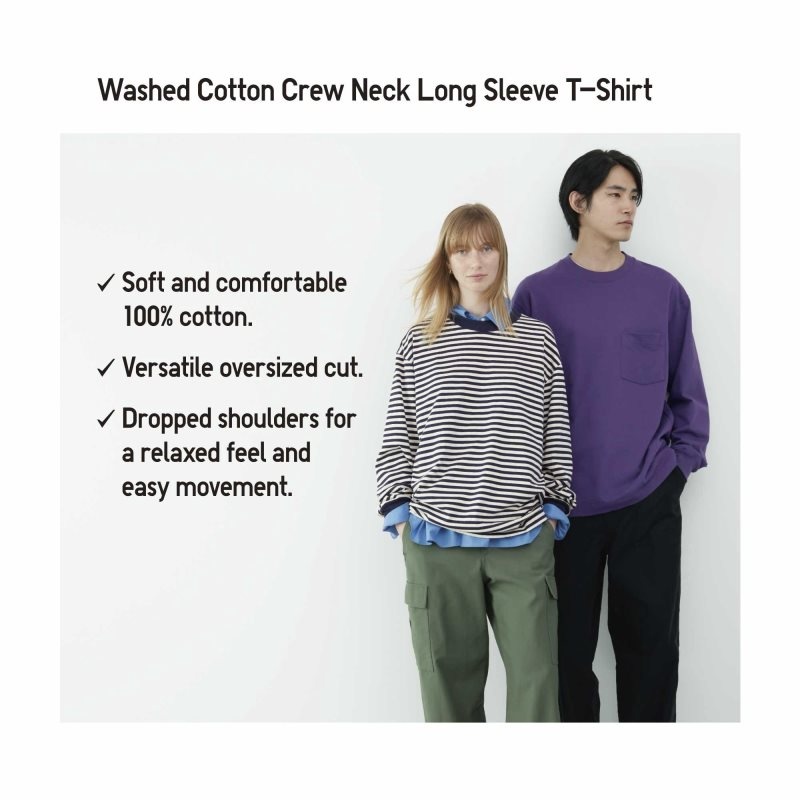 Navy Uniqlo Washed Cotton Oversized Crew Neck Long-sleeve Striped Men T Shirts | 5184778