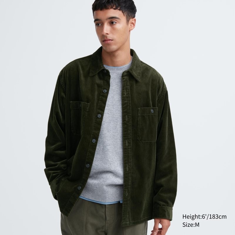 Olive Uniqlo Corduroy Work Long-sleeve Men Shirts | 8292382