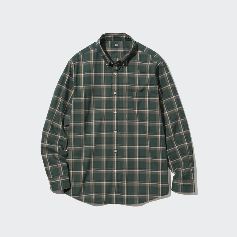 Olive Uniqlo Extra Fine Cotton Broadcloth Checked Long-sleeve Men Shirts | 6669856