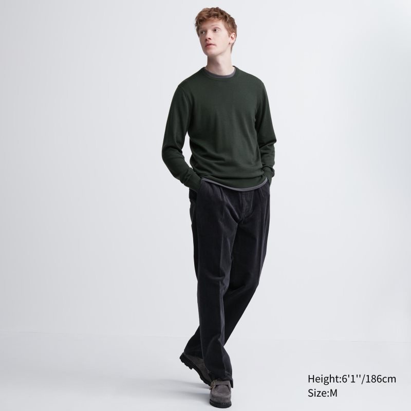 Olive Uniqlo Extra Fine Merino Crew Neck Men Sweaters | 8050527