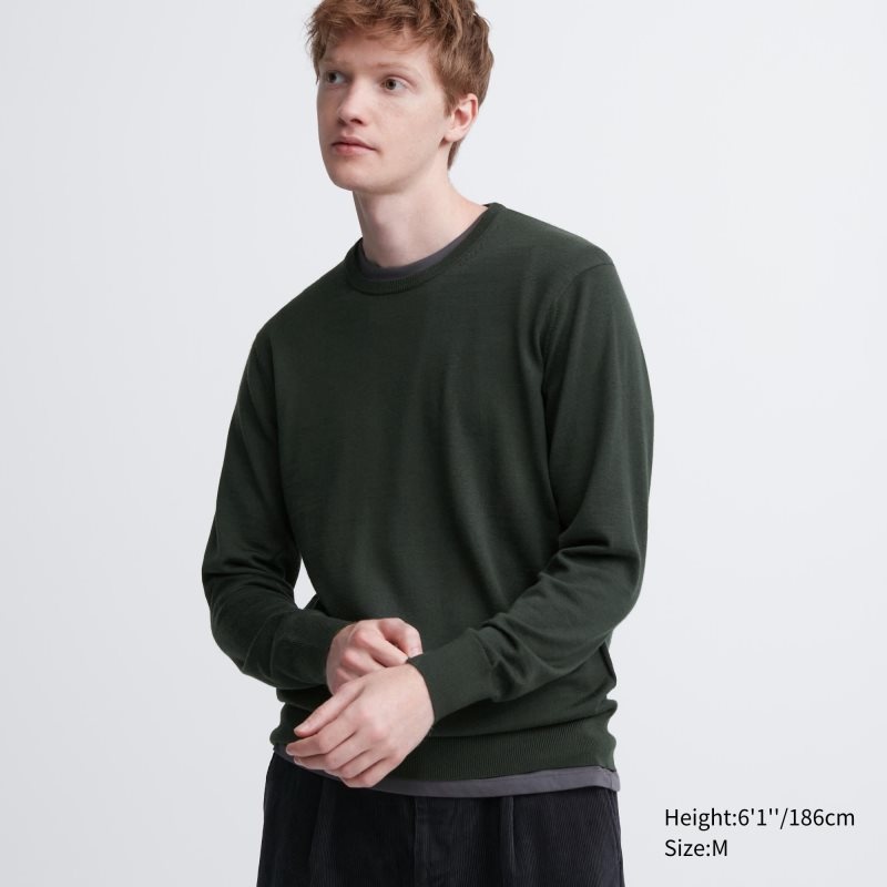 Olive Uniqlo Extra Fine Merino Crew Neck Men Sweaters | 8050527