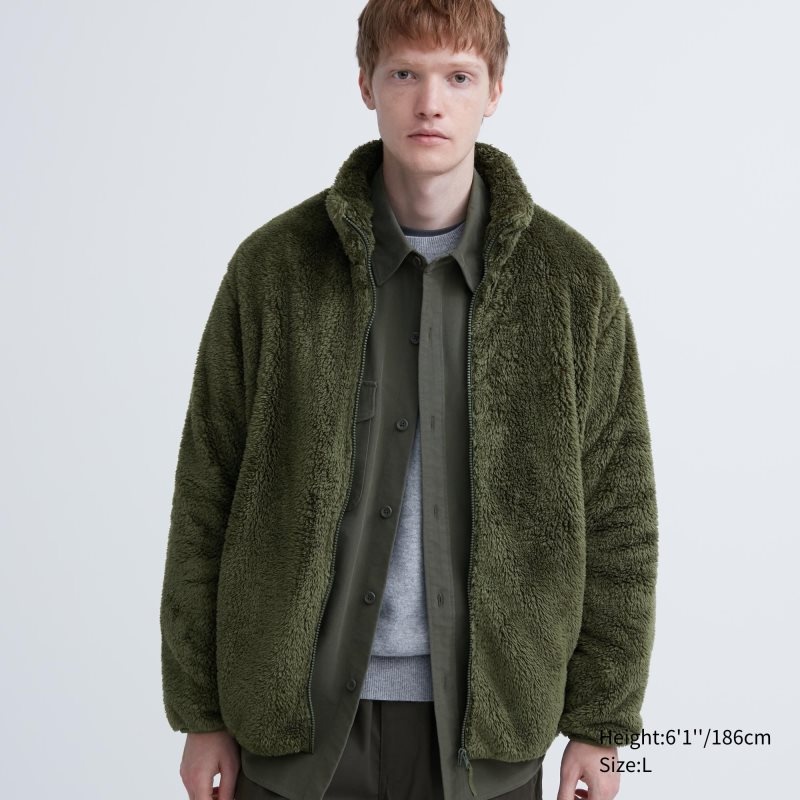 Olive Uniqlo Fluffy Yarn Fleece Full-Zip Men Jackets | 5627723