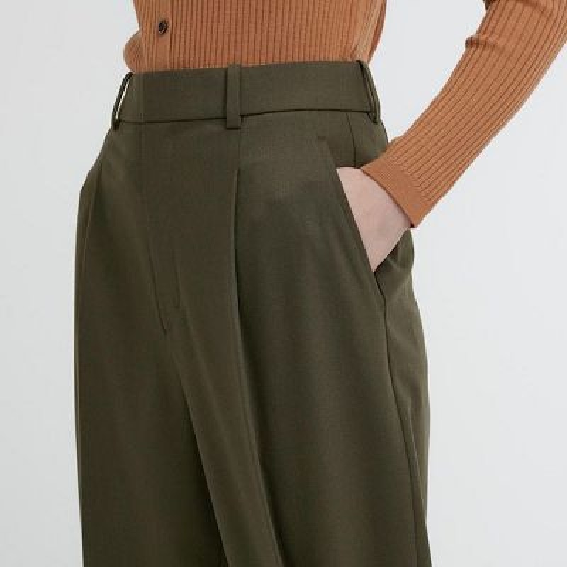 Olive Uniqlo Wide-Fit Pleated Women Pants | 9208871