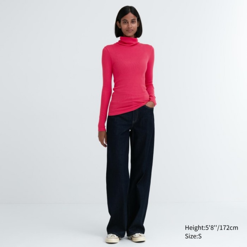 Pink Uniqlo HEATTECH Extra Warm Seamless Ribbed Turtleneck Long-Sleeve Women T Shirts | 7562413