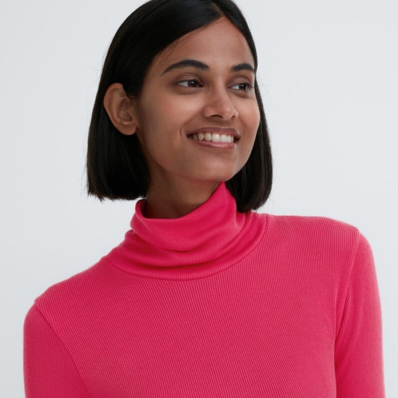 Pink Uniqlo HEATTECH Extra Warm Seamless Ribbed Turtleneck Long-Sleeve Women T Shirts | 7562413