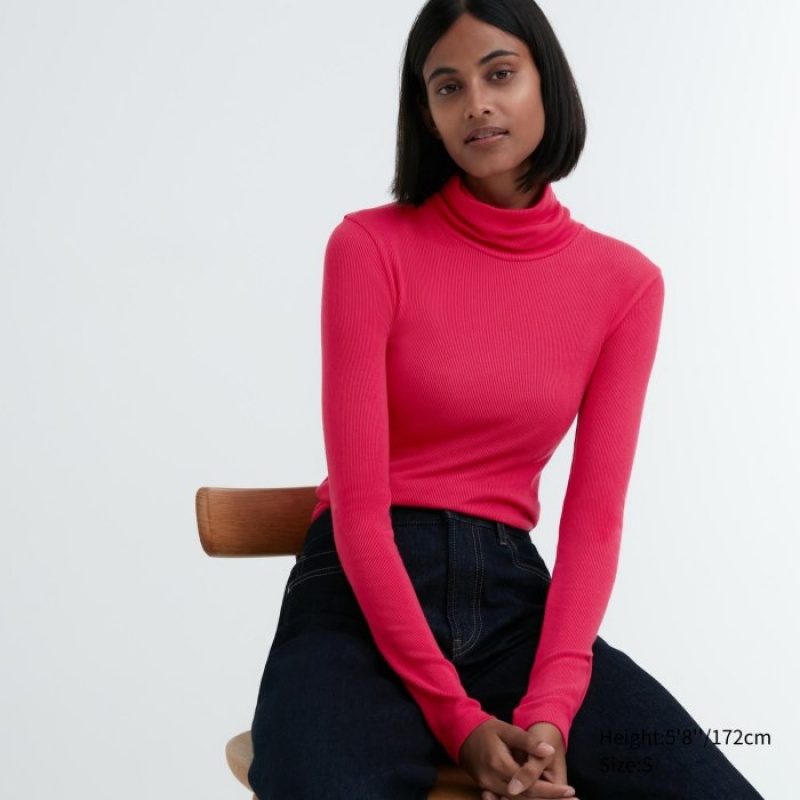 Pink Uniqlo HEATTECH Extra Warm Seamless Ribbed Turtleneck Long-Sleeve Women T Shirts | 7562413