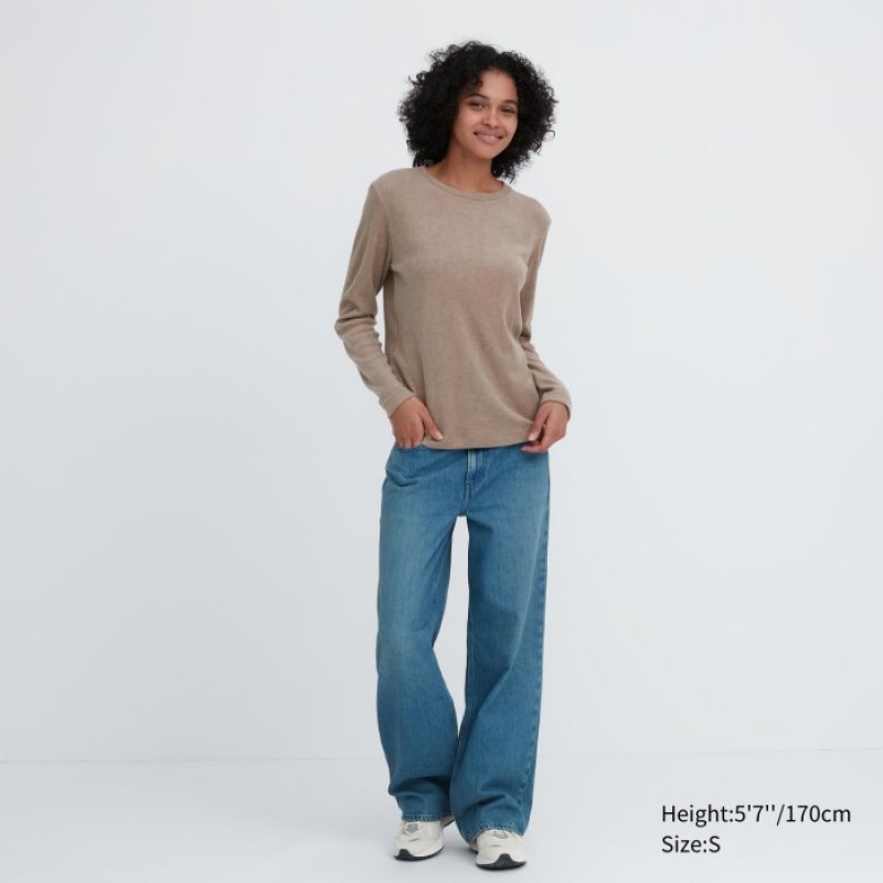 Pink Uniqlo HEATTECH Fleece Crew Neck Long-Sleeve Women T Shirts | 6189671