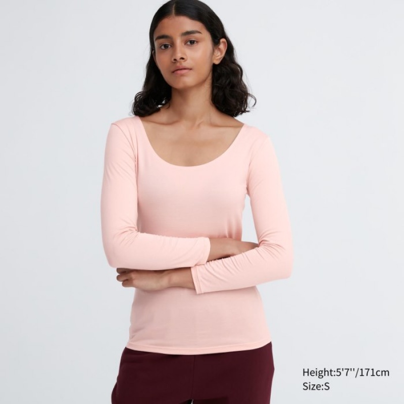 Pink Uniqlo HEATTECH Scoop Neck Long-Sleeve Women T Shirts | 65477