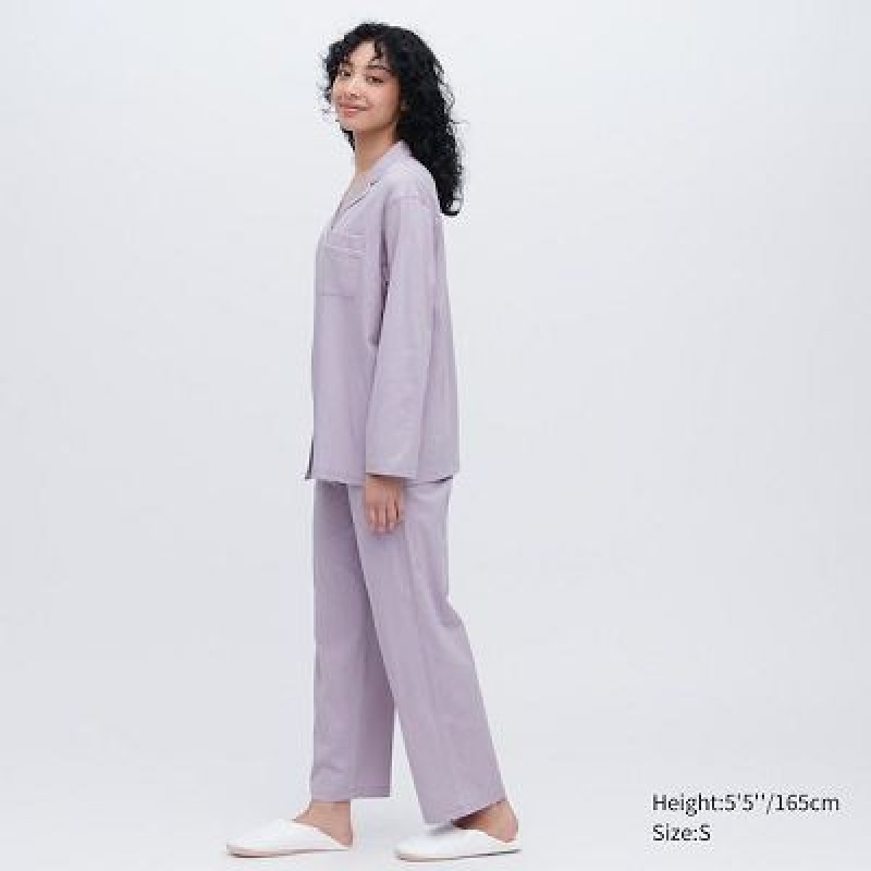 Purple Uniqlo AIRism Cotton Long-Sleeve Women Pajamas | 2956736