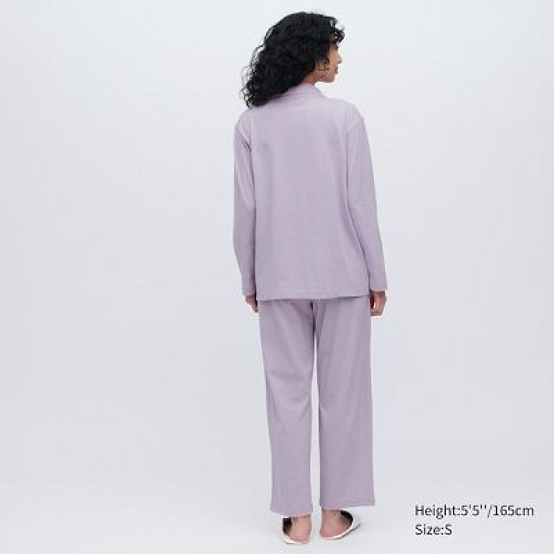 Purple Uniqlo AIRism Cotton Long-Sleeve Women Pajamas | 2956736