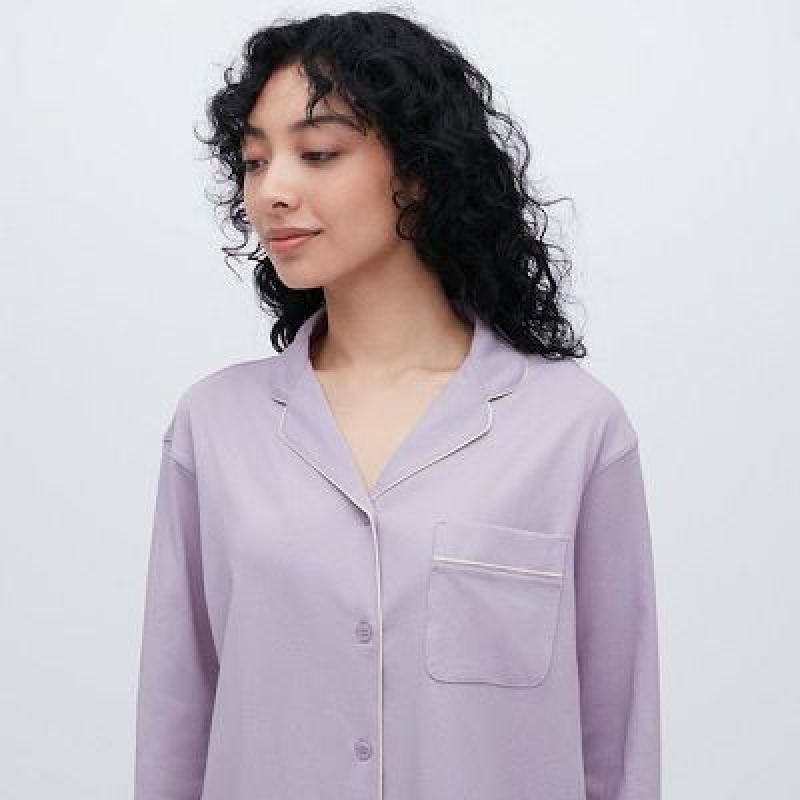 Purple Uniqlo AIRism Cotton Long-Sleeve Women Pajamas | 2956736